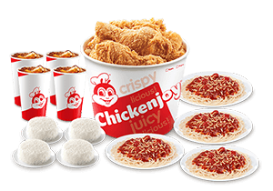 Chickenjoy Bucket w/ Rice, Jolly Spaghetti, & Drinks